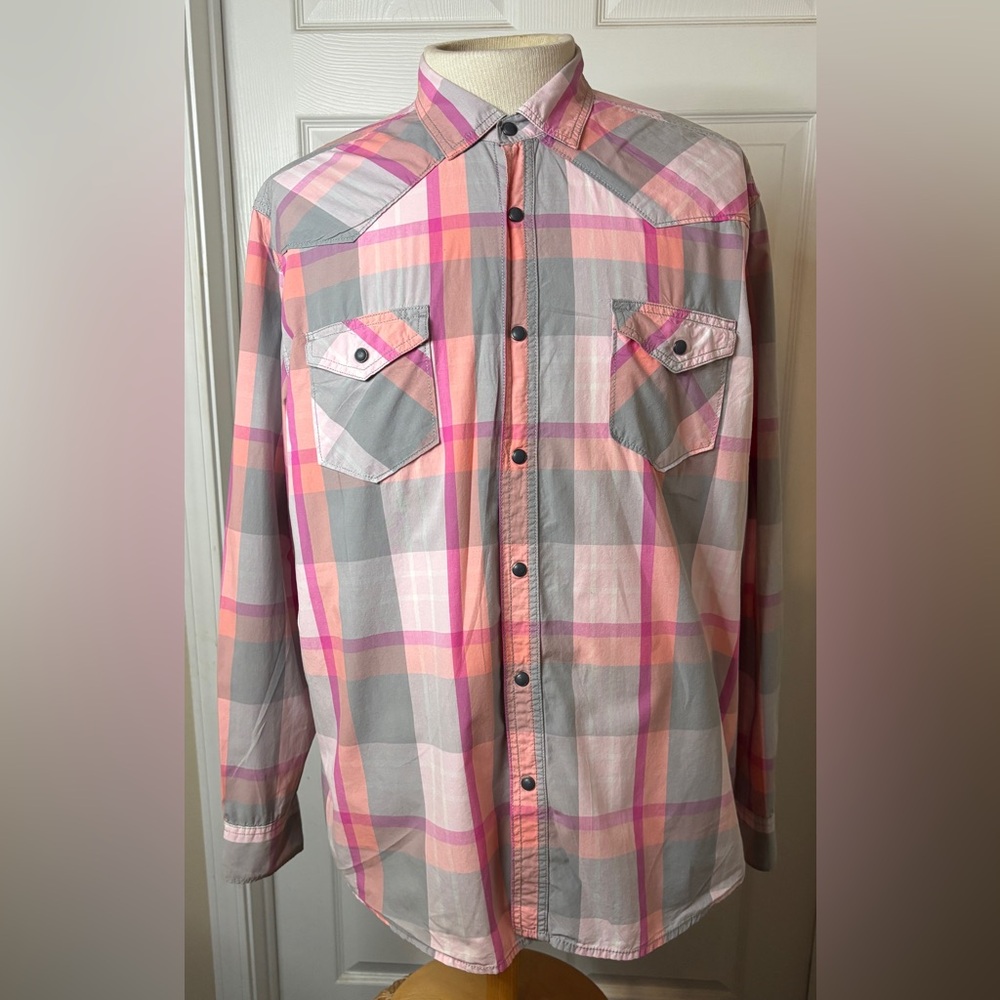 Red Camel Men's Plaid Long-Seeve Shirt - Gray and Pink Size XXL